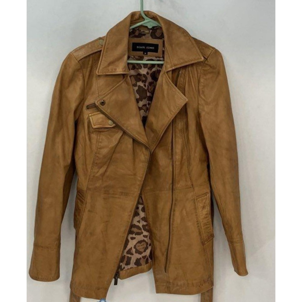 Black Rivet Leather Jacket Mens M Tan Excellent Belted Leopard Lining Moto Biker
